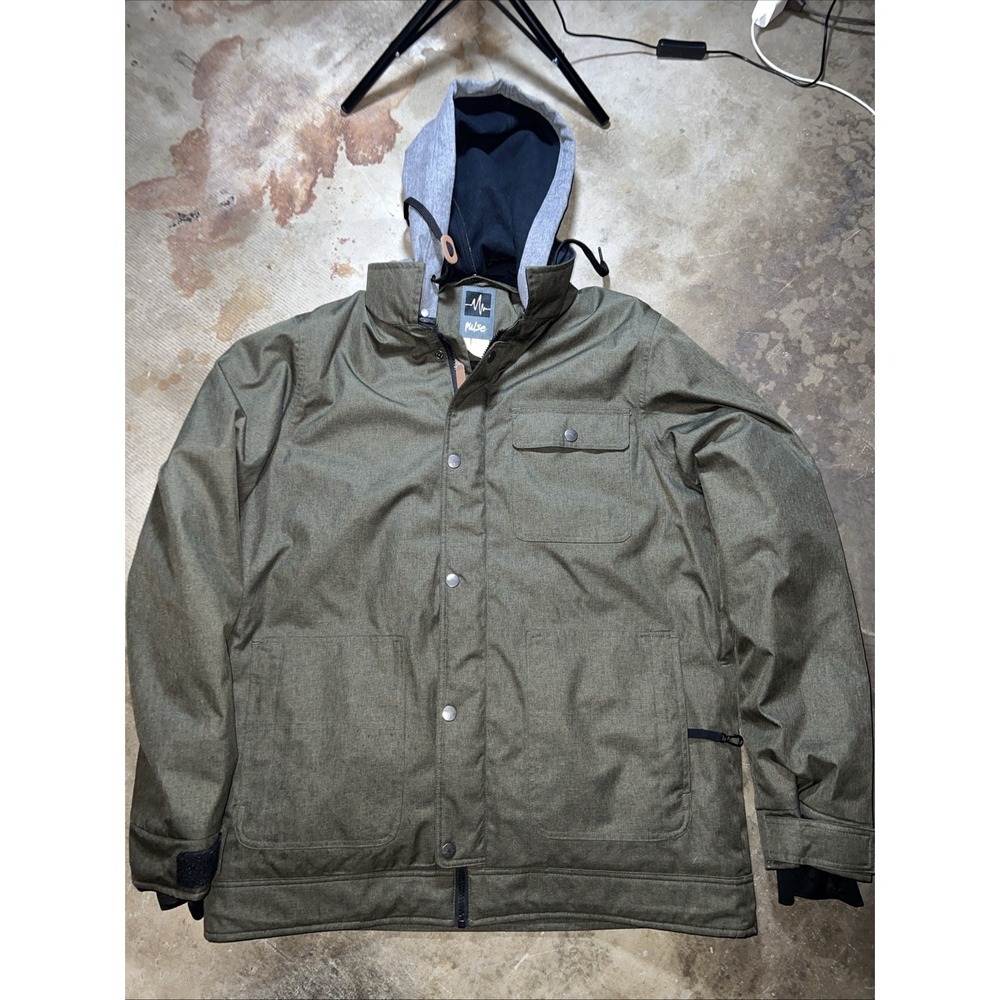 Pulse Men's Hooded Winter Jacket L Olive Green Gray Snowboard Workwear Coat